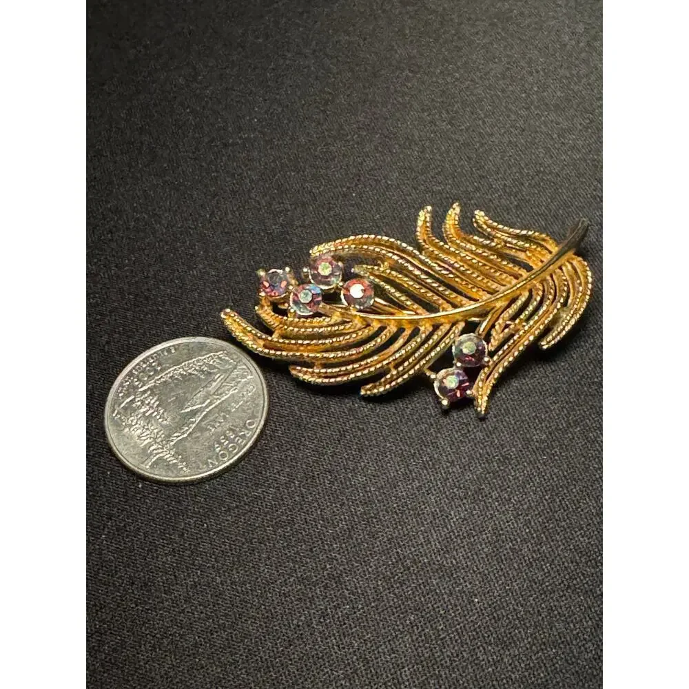 Vintage Lisner Gold Tone AB Feather Brooch